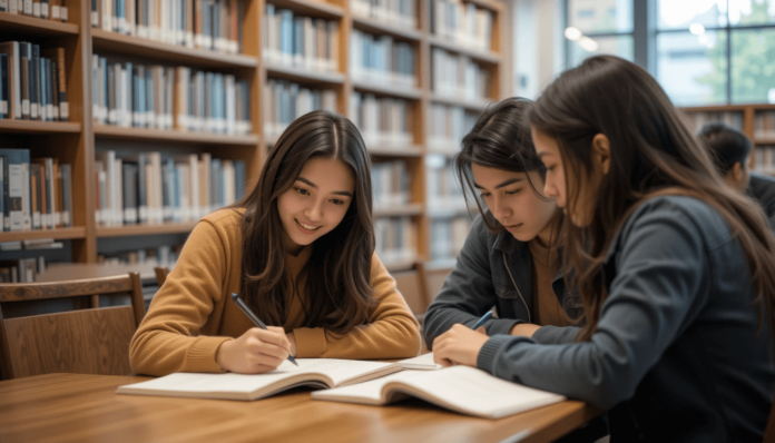 Students studying together in a library