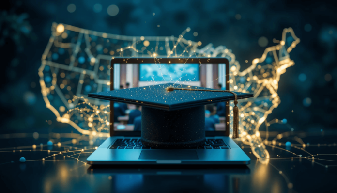 a graduation cap gracefully placed on top of an open laptop