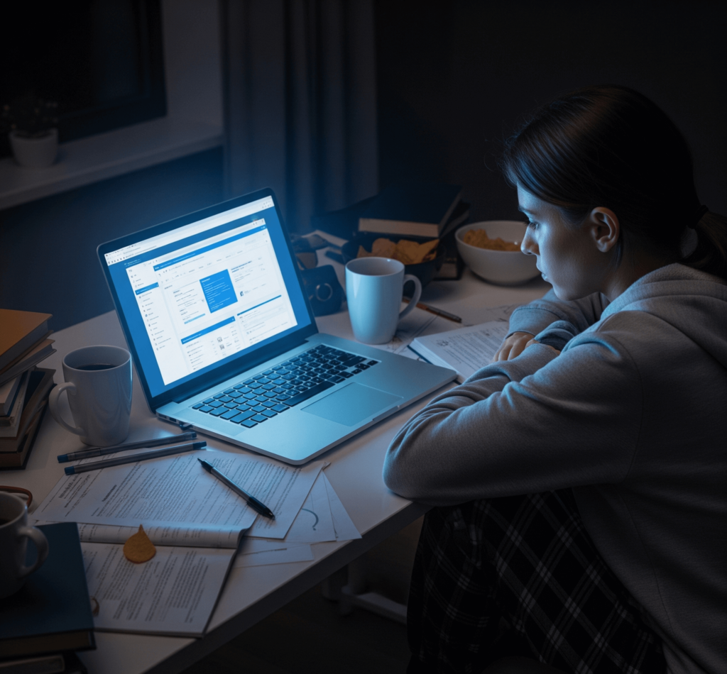 A cluttered desk at night, illuminated only by a laptop screen, showing a complex online learning platform.