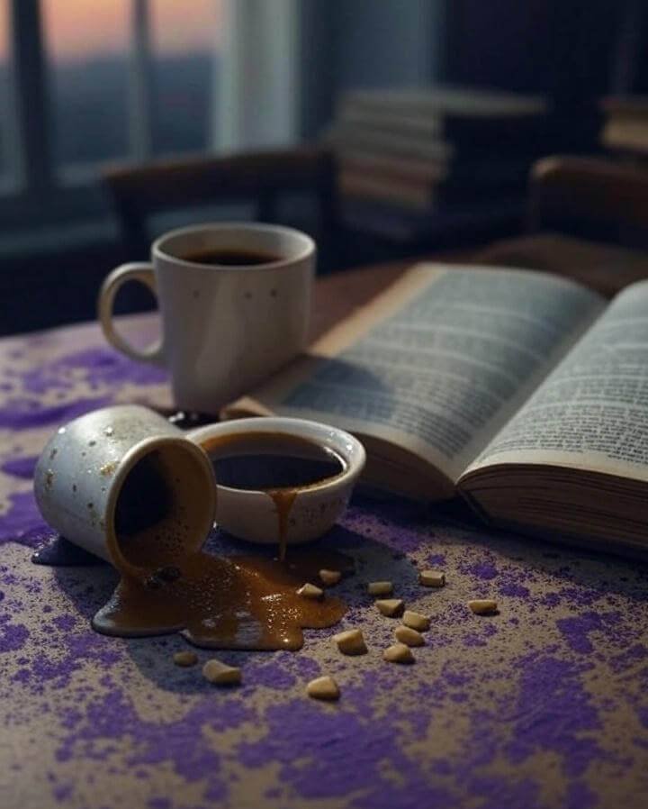 "Coffee-stained desk with tiny diplomas"