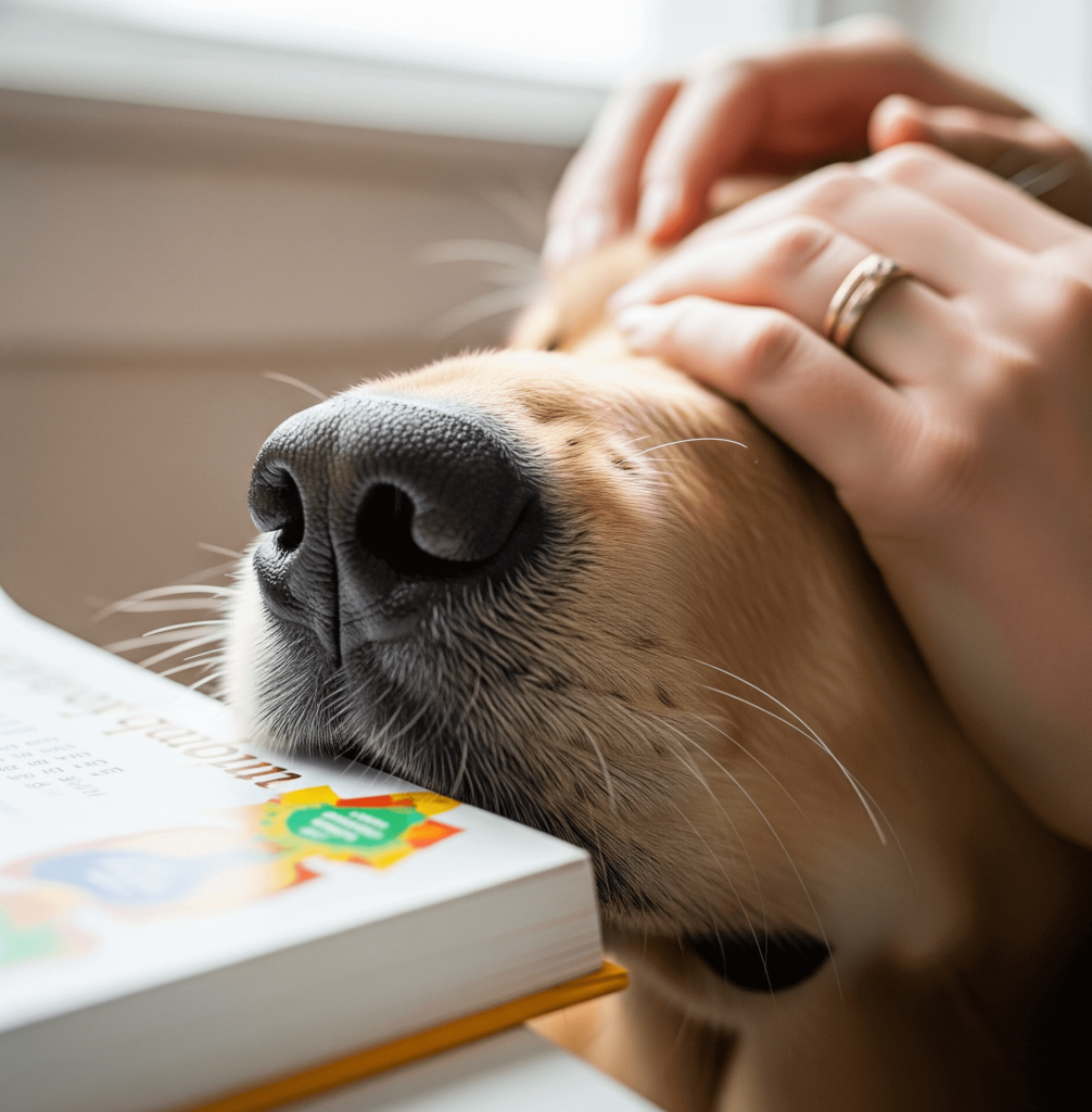 The focus is on the dog's nose and the comforting interaction.