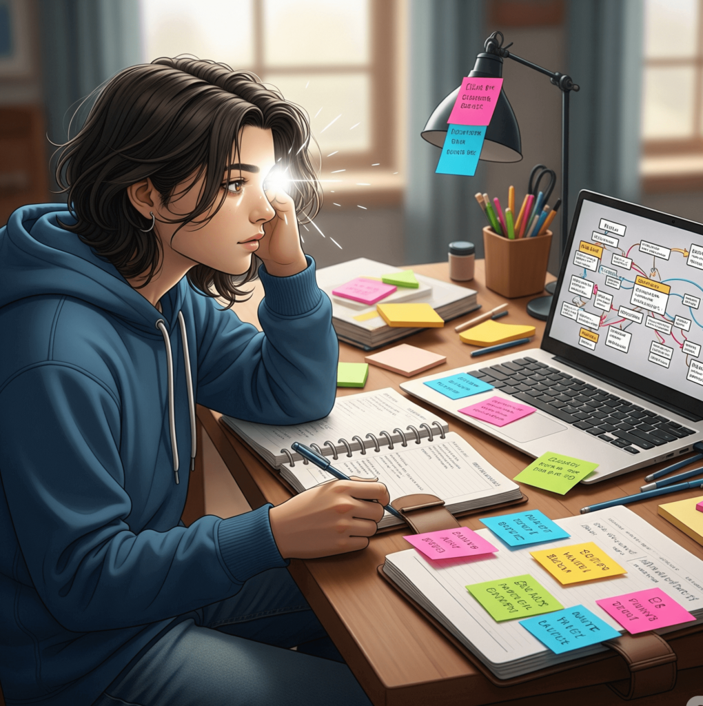 A vibrant, slightly chaotic but ultimately organized desk with a student