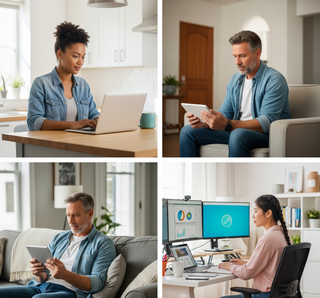 Diverse individuals studying online in home settings