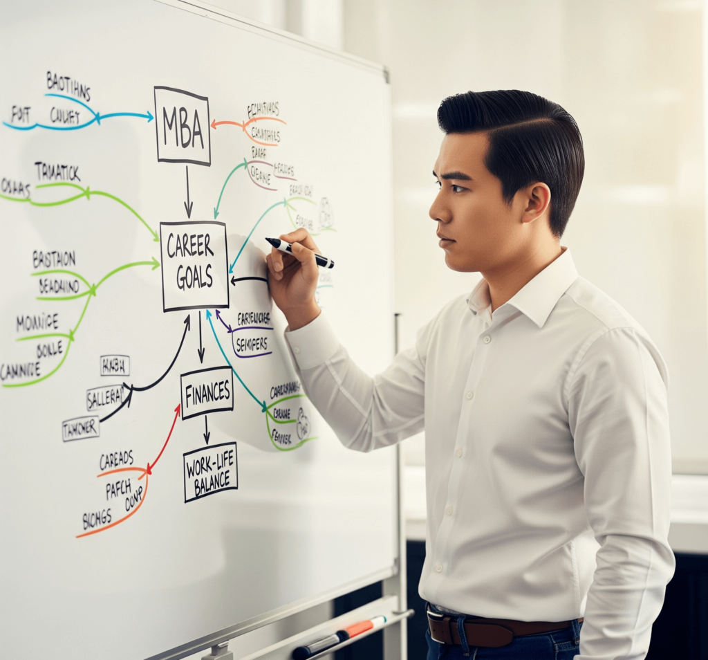 A person standing at a whiteboard, drawing a complex mind map connecting "MBA," "Career Goals," "Finances," and "Work-Life