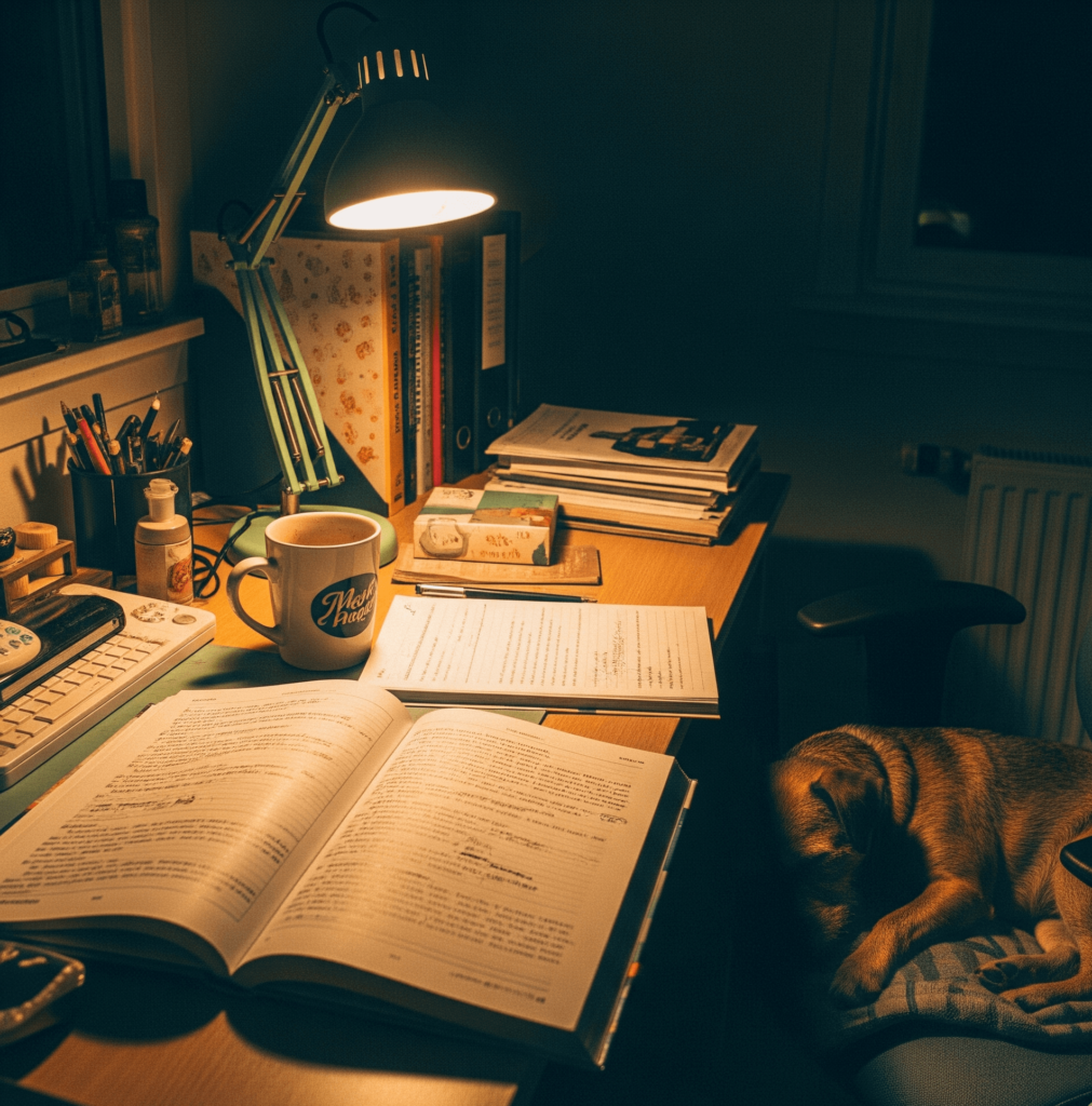 an open textbook, and a dog