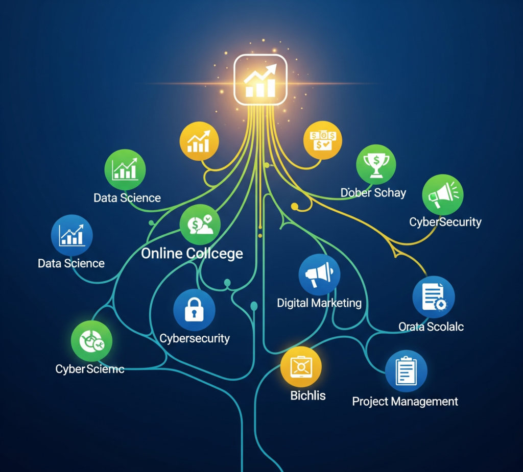 Skill tree/branching path with course nodes leading to career growth