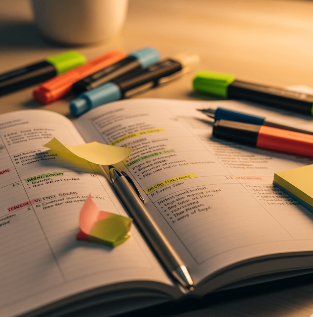 A close-up of a neatly organized but well-used planner, open to a weekly spread.