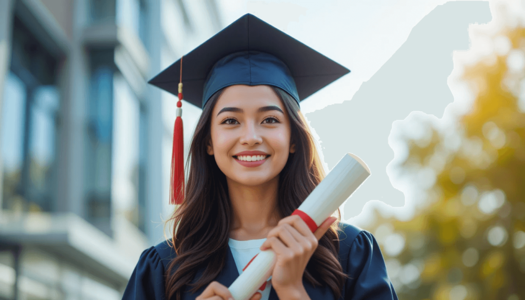 smiling confidently and holding a rolled diploma