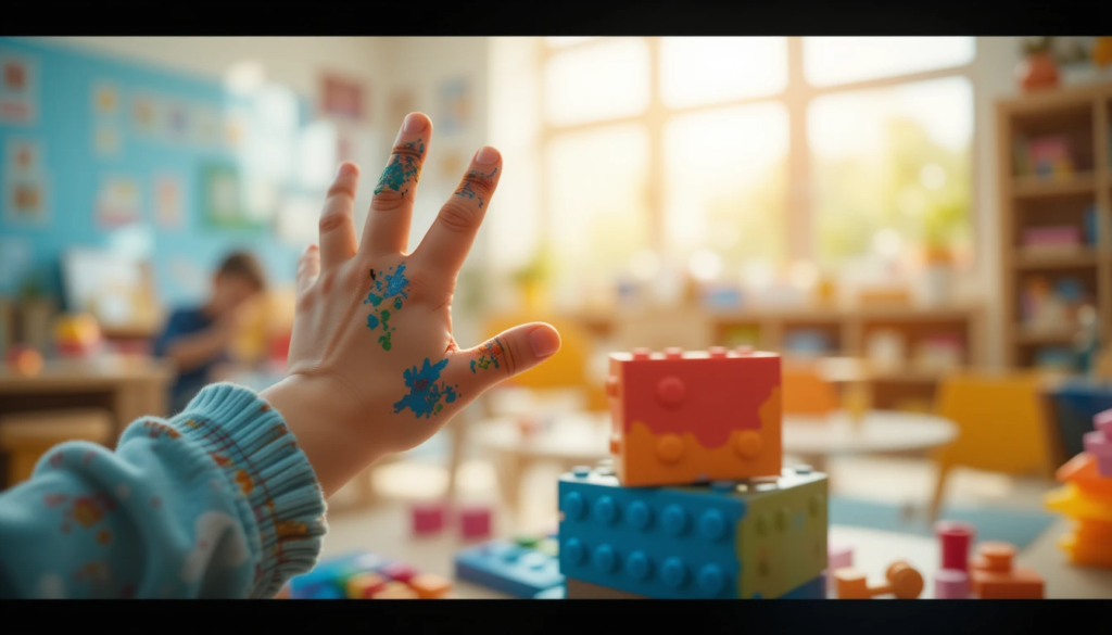 A warm, inviting, slightly blurred photograph of a child's hand (maybe a little messy with paint)