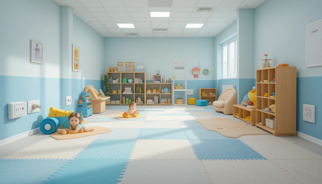 A very clear, bright image of a meticulously clean and child-safe play area with soft flooring, covered outlets, and organized, age-appropriate toys.