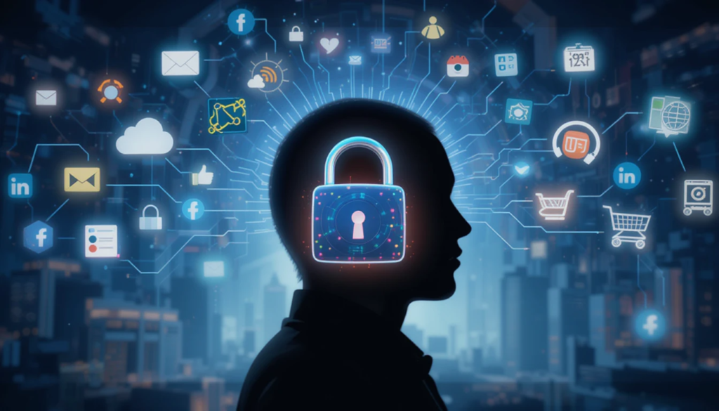 A stylized lock icon over a silhouette of a person’s head,