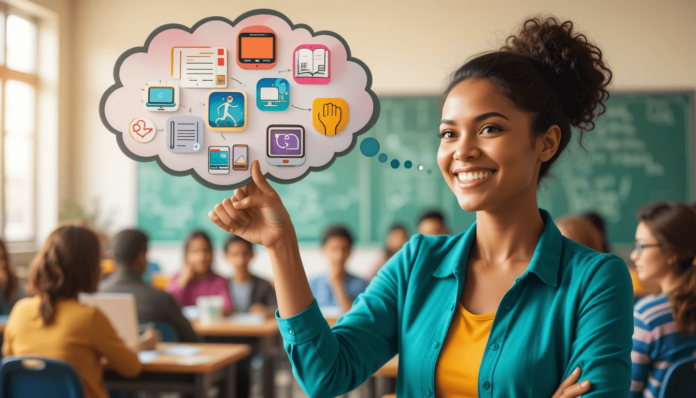 a dynamic pose, perhaps with a thought bubble above their head showing various learning icons