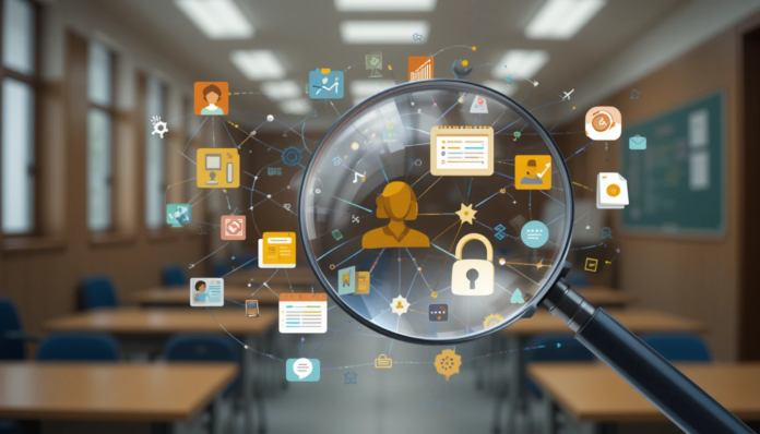 a magnifying glass hovering over a complex, interconnected web of diverse digital icons representing various aspects of education software