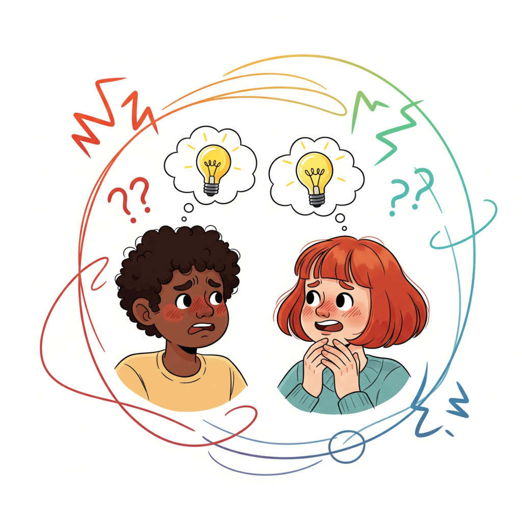 A slightly chaotic but ultimately warm illustration of two cartoonish figures
