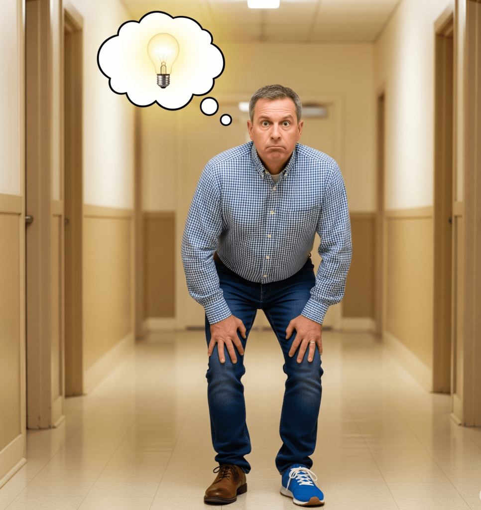  Person in mismatched shoes with a lightbulb thought bubble.