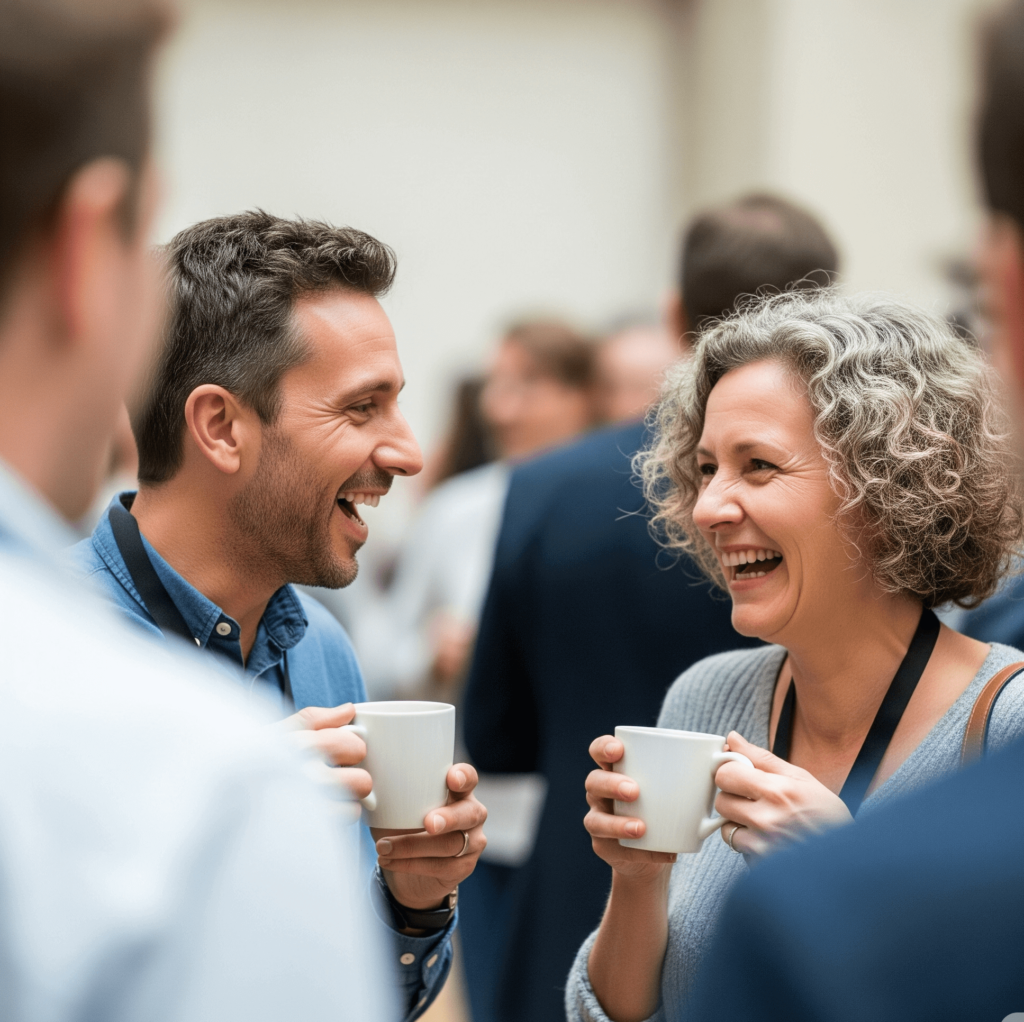 Colleagues laughing, networking at conference.