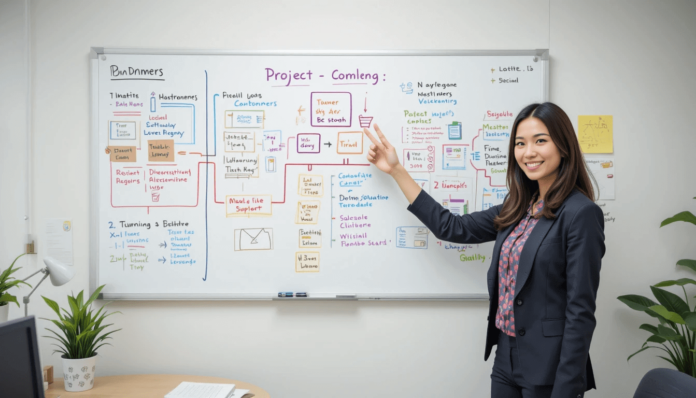 a person confidently pointing at a successful project completion marker.