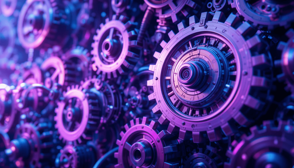 interconnected gears and cogs, with some appearing to shift and reconfigure