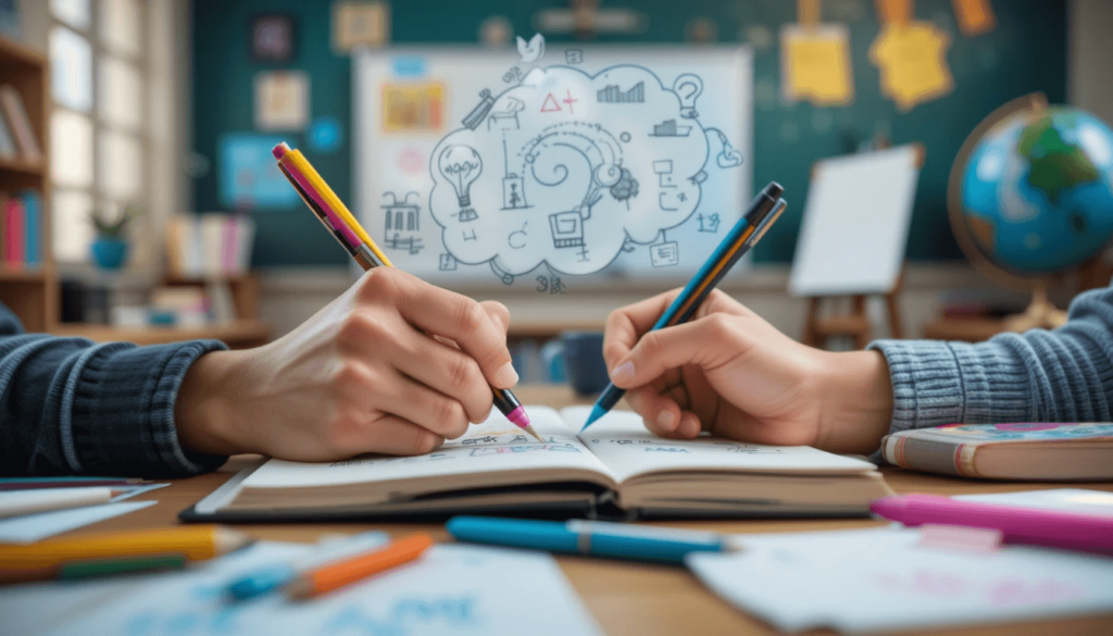 a notebook with colorful pens, surrounded by blurry representations of classroom