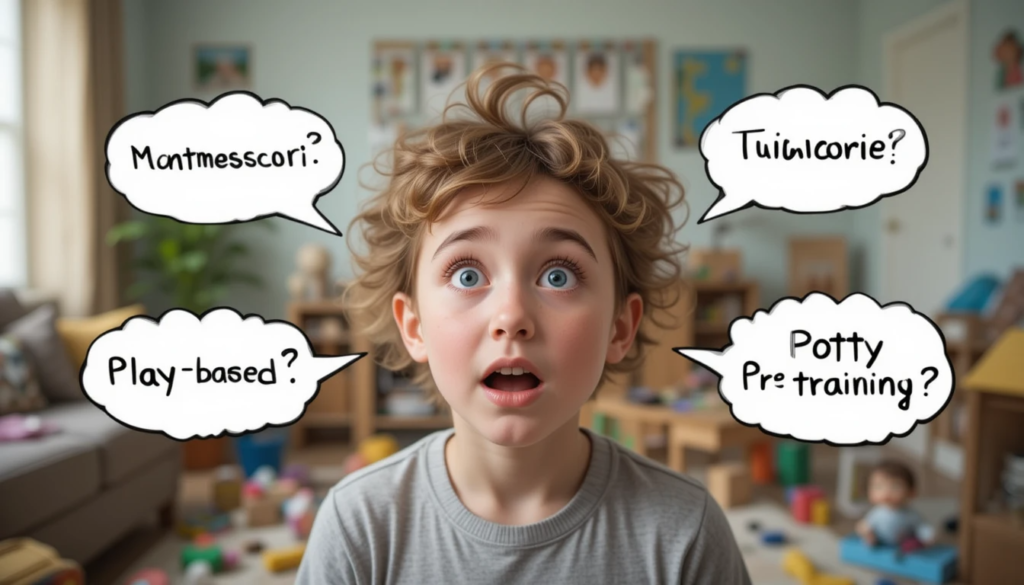 A humorous GIF of a parent's head spinning with various conflicting thought bubbles around it (e.g., "Montessori?", "Tuition?", "Play-based?", "Potty training?")
