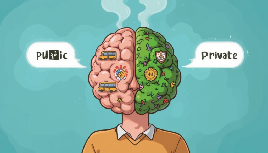 a parent's brain with two distinct sides: one labeled "Public" with images of chalkboards and school buses, the other "Private"