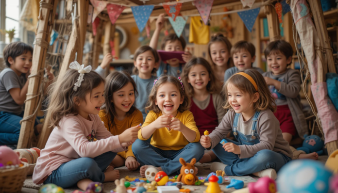 A slightly chaotic (but still charming) image of kids engaged in open-ended, imaginative play – maybe dress-up, building a fort, or pretending with diverse toys, showing joyful, unstructured fun.
