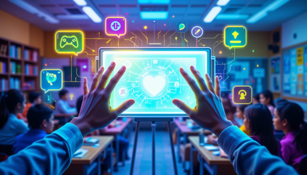 hands reaching towards a glowing, interactive whiteboard or screen