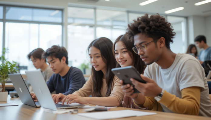 A group of diverse students actively engaged in digital creation