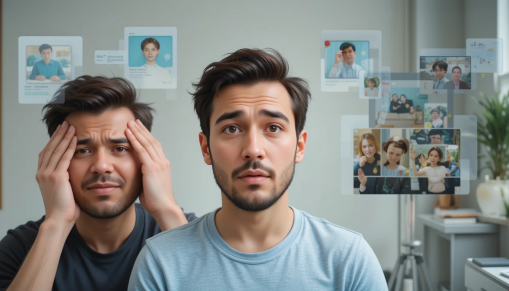 a person's face showing a progression from confusion to frustration to a sudden "aha!" moment