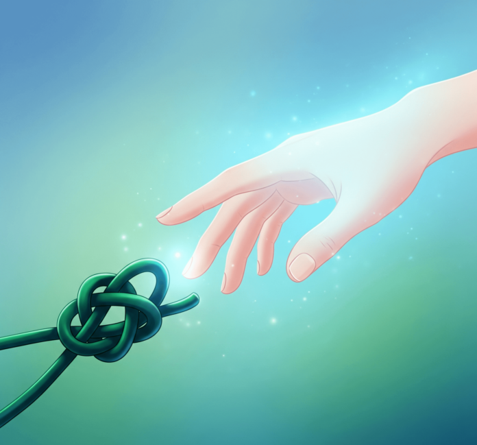 a calm, supportive hand extending towards a tangled knot, subtly hinting at the idea of untangling complexities