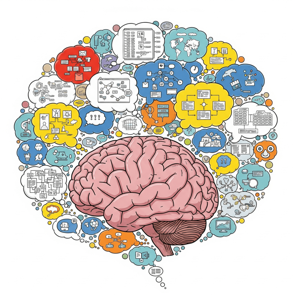 a brain with multiple thought bubbles, some filled with detailed information and others with simple keywords or single