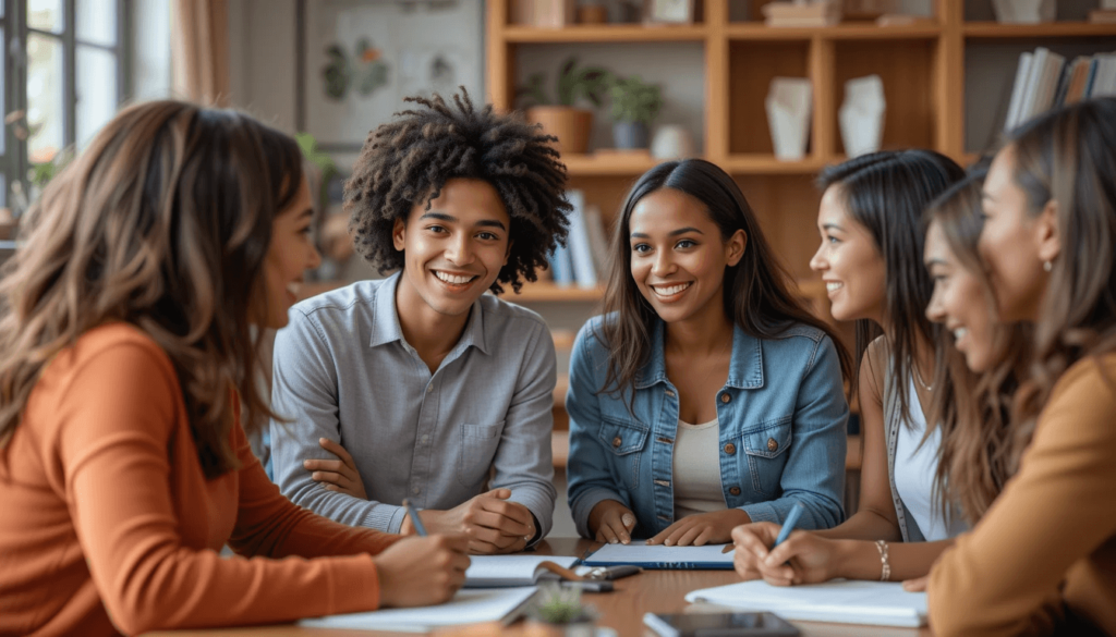 a small group discussion, actively listening and smiling, perhaps seated around a table