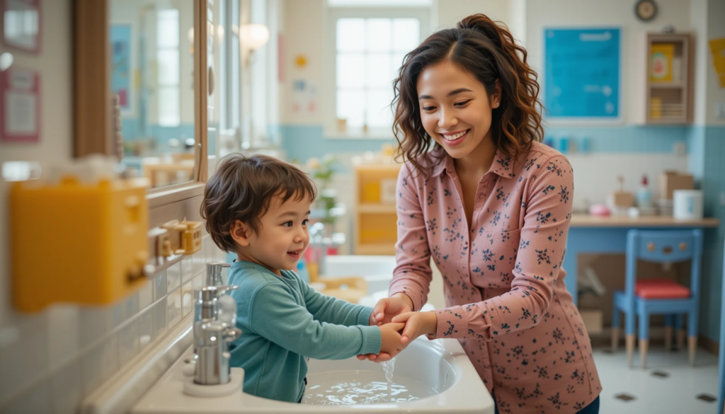 a preschool teacher (diverse, kind smile) gently helping a child wash their hands at a child-height sink.