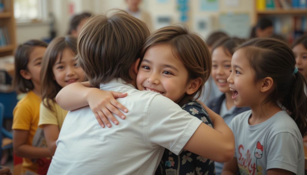 Child spontaneously hugging teacher in playschool.