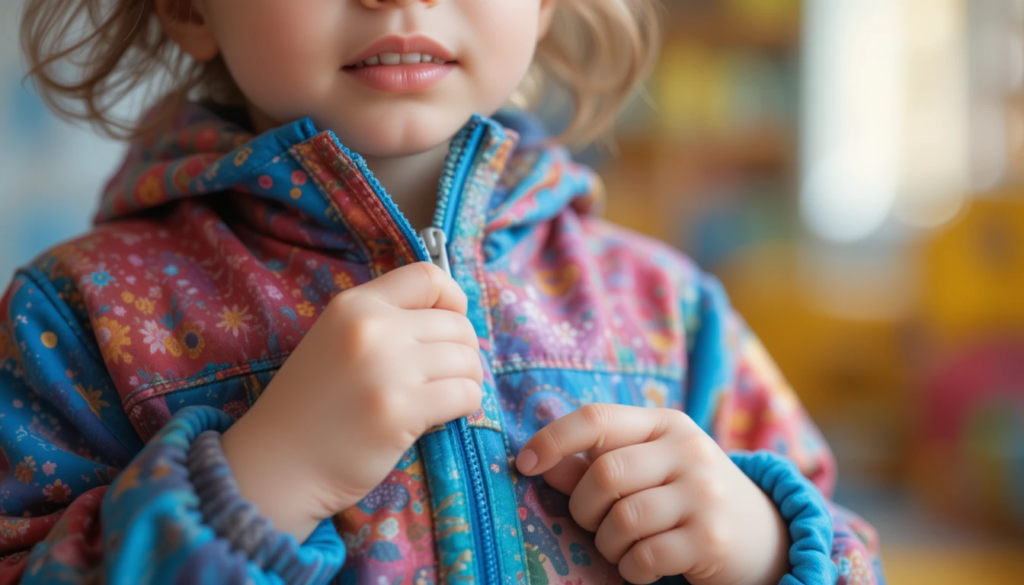 a child's hands confidently zipping up their own colorful jacket