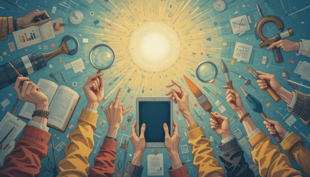various hands holding different tools – a magnifying glass, a book, a tablet, a wrench, a paintbrush – all reaching towards a glowing light.