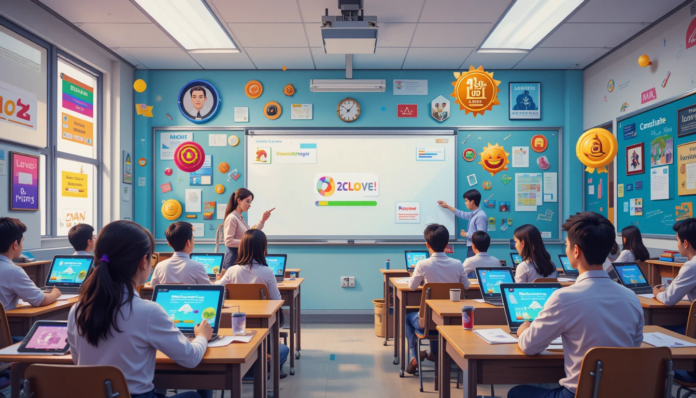 a classroom scene that blends traditional learning elements with clear gaming iconography