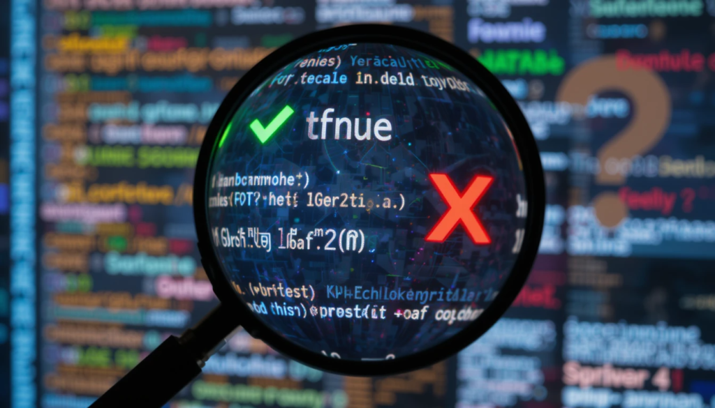 A magnifying glass hovering over a cluttered digital screen, with some information highlighted as "true" (green checkmark) and other information as "false" (red X)