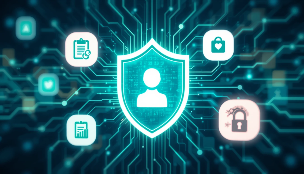 a digital shield icon protecting various smaller icons representing student data