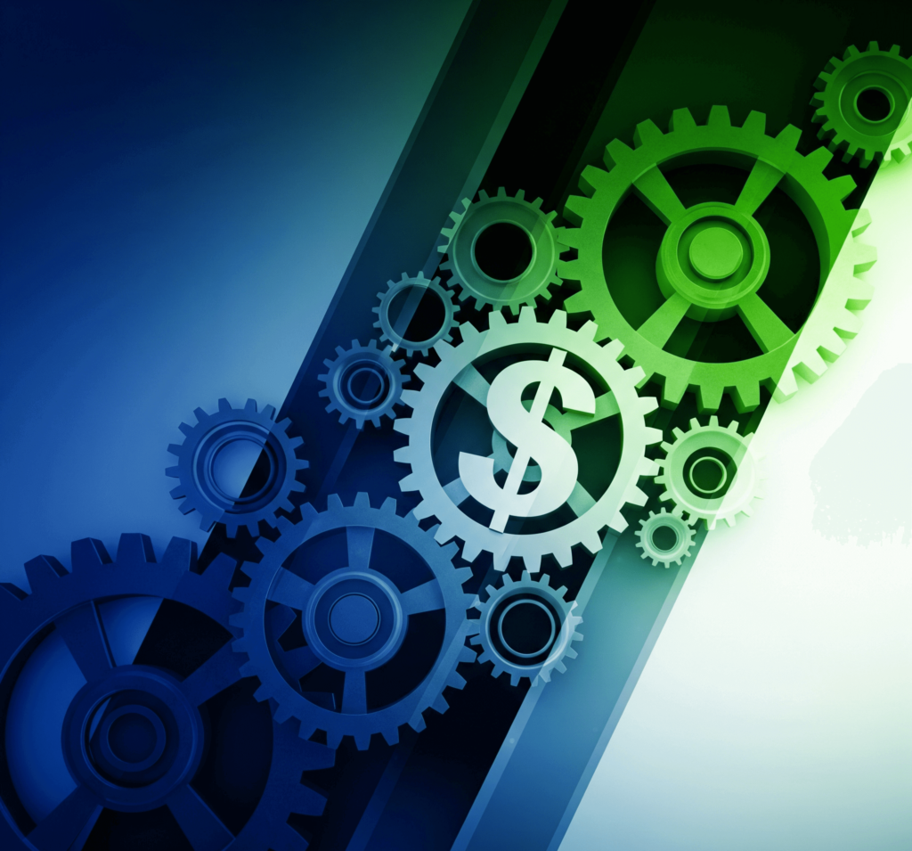 Interlocking gears symbolizing business and education with dollar sign.