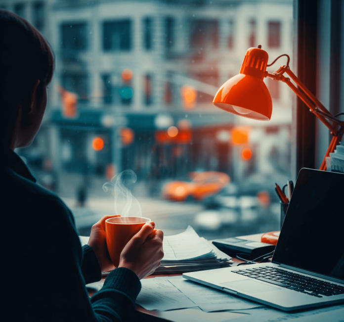 Person contemplating career, messy desk, coffee.