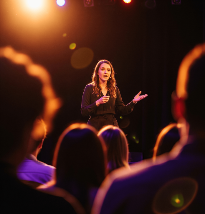 a person mid-gesture while speaking to an audience (whose faces are out of focus).