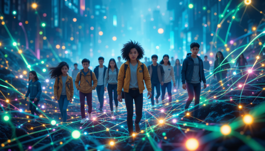 young people (from elementary to college age) navigating it with curiosity, looking confident and engaged.
