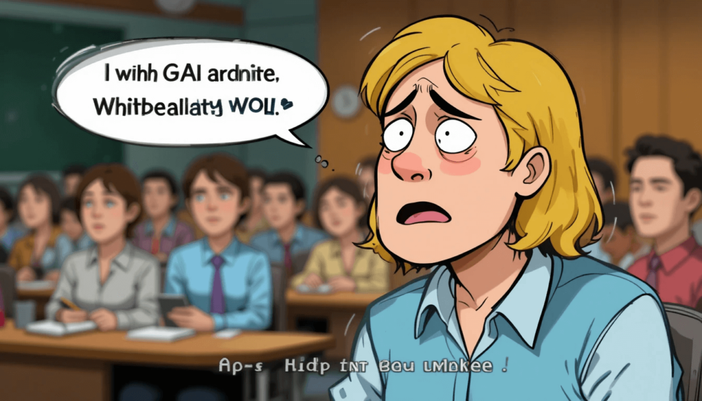 a teacher struggling to stay awake, perhaps with their head nodding, during a very dull presentation.