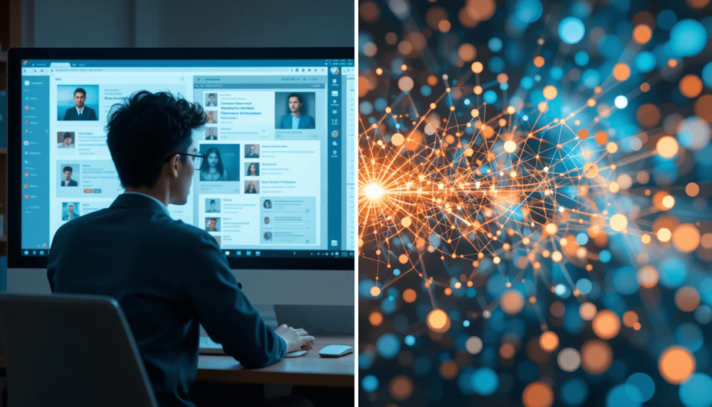 On one side, a student is actively participating in an online discussion forum on their computer, looking engaged. On the other side, an abstract visualization of data points connecting,