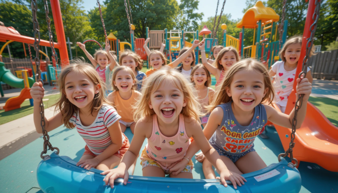 young children laughing and playing actively on a colorful, safe outdoor preschool playground
