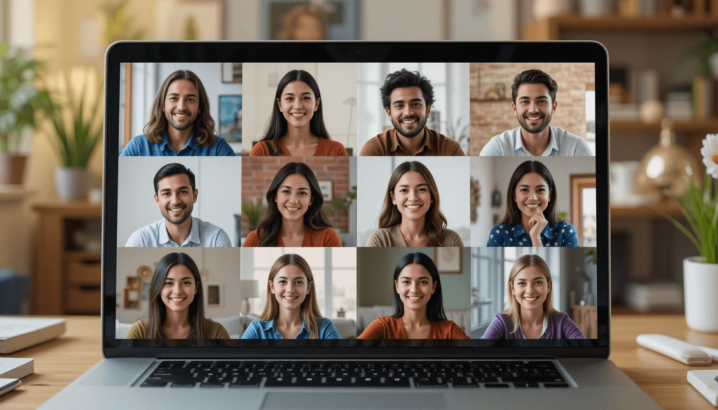 A diverse group of people from different global regions appearing in a video conference call on a laptop screen