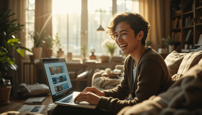 The laptop shows a vibrant online course interface.