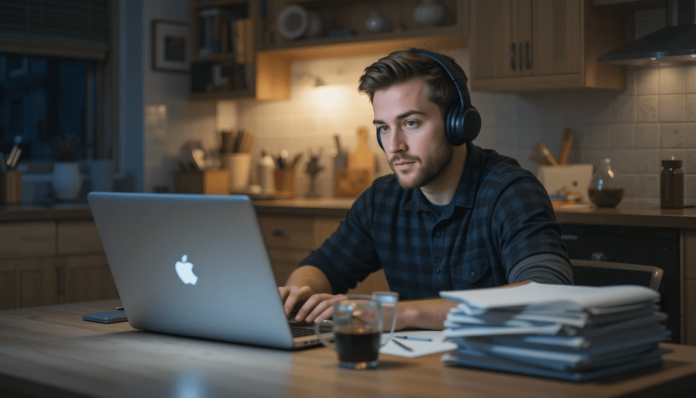 Working adult studying late for an online degree.