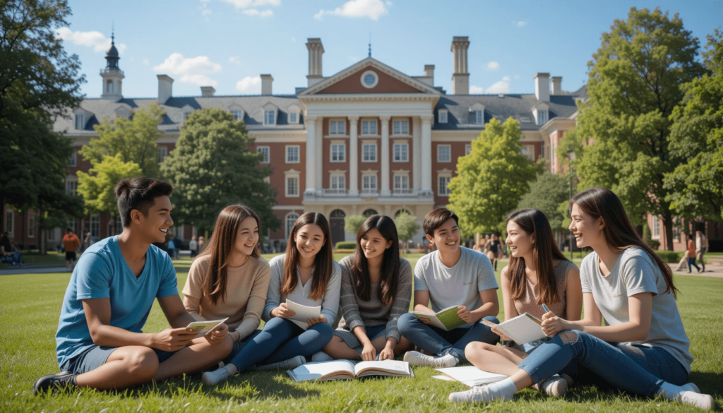  Diverse students on a college campus, networking.